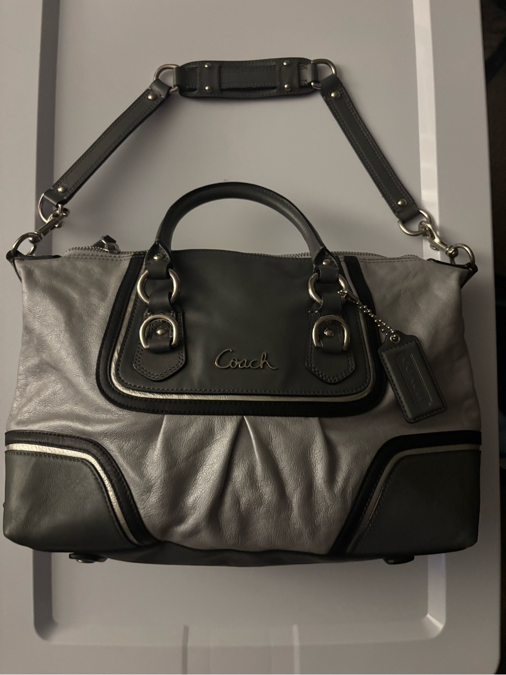 Coach Ashley Spectator Silver Gray Black Leather Satchel Bag Carryall F17455